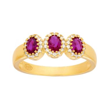 Anello Trilogy Rosso Rubino contornati con Cubic Zirconia Bianchi in ARGENTO 925 Galvanica Oro