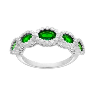 Anello Veretta con Ovali degrade Verde Smeraldo contornati con Cubic Zirconia Bianchi in ARGENTO 925 Galvanica Rodio