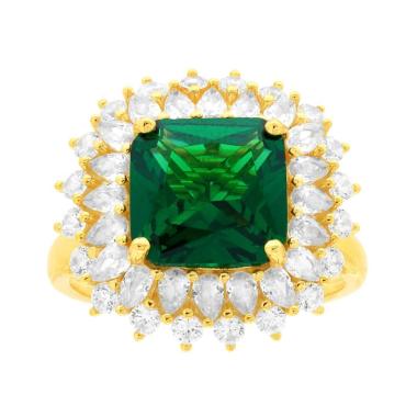 Anello Solitario Quadrato Verde Smeraldo contornato con Cubic Zirconia Bianchi in ARGENTO 925 Galvanica Oro