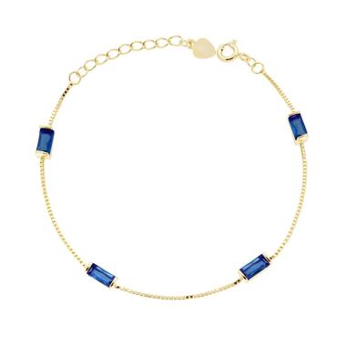 Bracciale Catena Veneziana Diamantata con Baguette Cubic Zirconia Blu Zaffiro in ARGENTO 925 Galvanica Oro