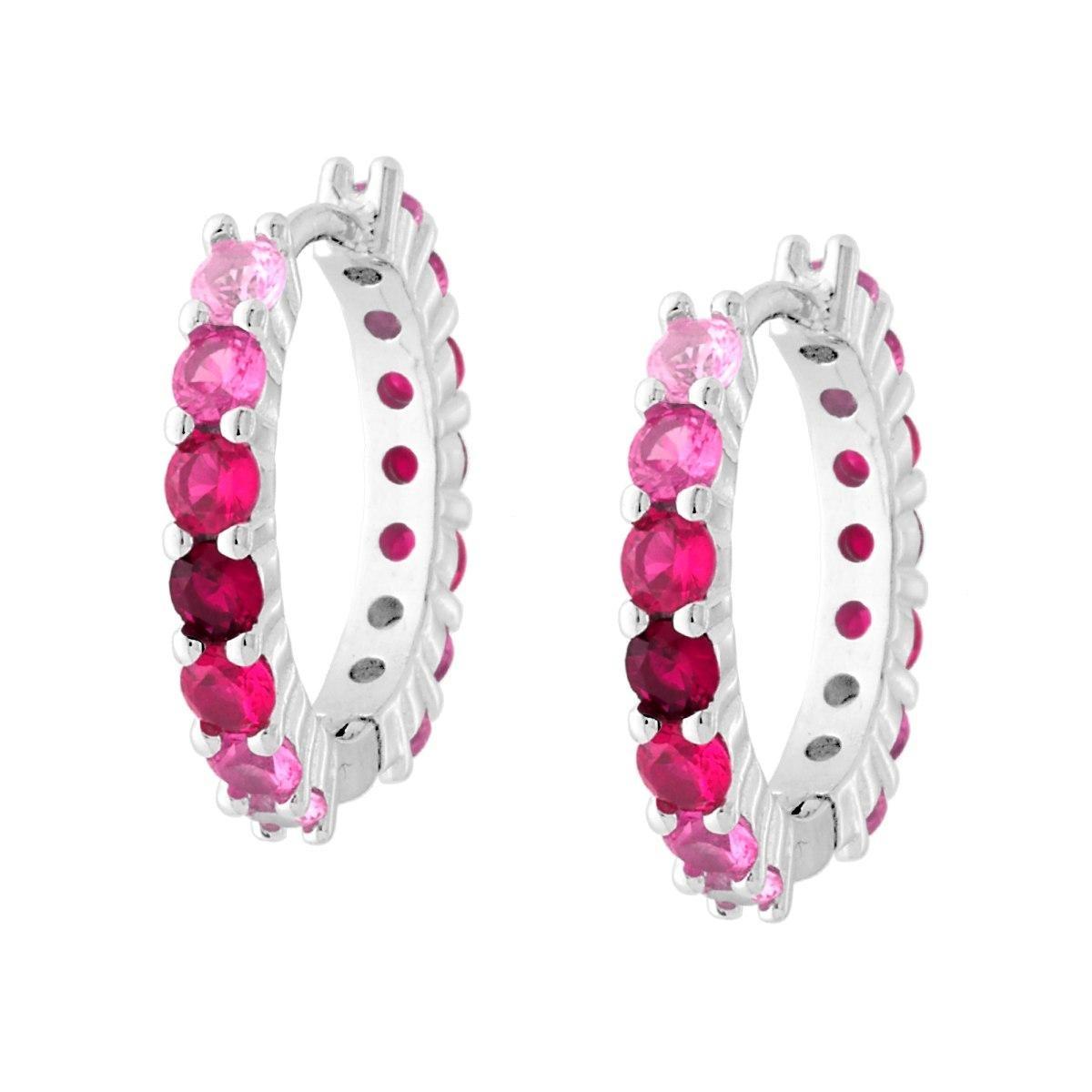 Orecchini Cerchio a Scattino 19 mm con Cubic Zirconia gradazione Rosso Rubino in ARGENTO 925 Galvanica Rodio