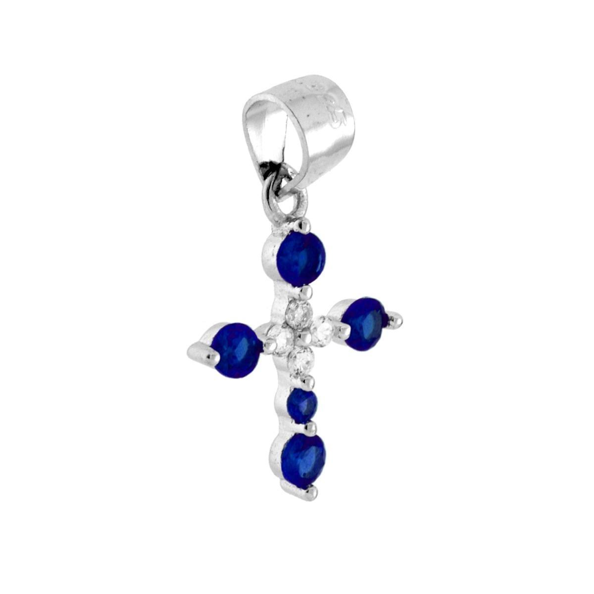 Ciondolo Croce con Cubic Zirconia Blu Zaffiro e Bianchi in ARGENTO 925 Galvanica Rodio