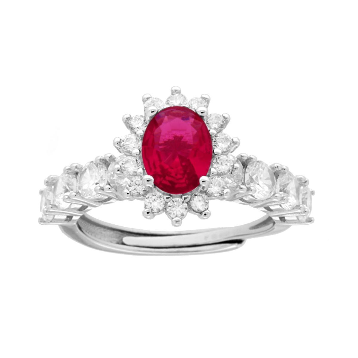 Anello Halo Veretta Ovale Rosso Rubino contornato con Cubic Zirconia Bianchi in ARGENTO 925 Galvanica Rodio