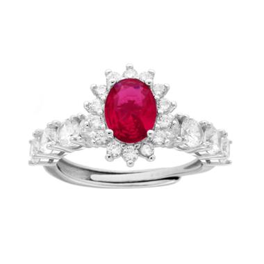 Anello Halo Veretta Ovale Rosso Rubino contornato con Cubic Zirconia Bianchi in ARGENTO 925 Galvanica Rodio
