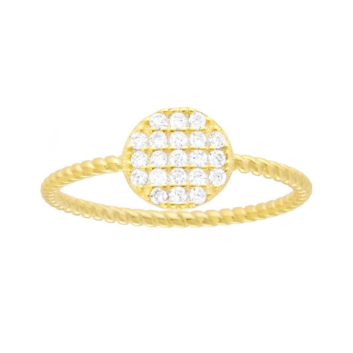 Anello forma geometrica tondo modello Solitario con Cubic Zirconia Bianchi e gambo intrecciato in ARGENTO 925 Galvanica Oro