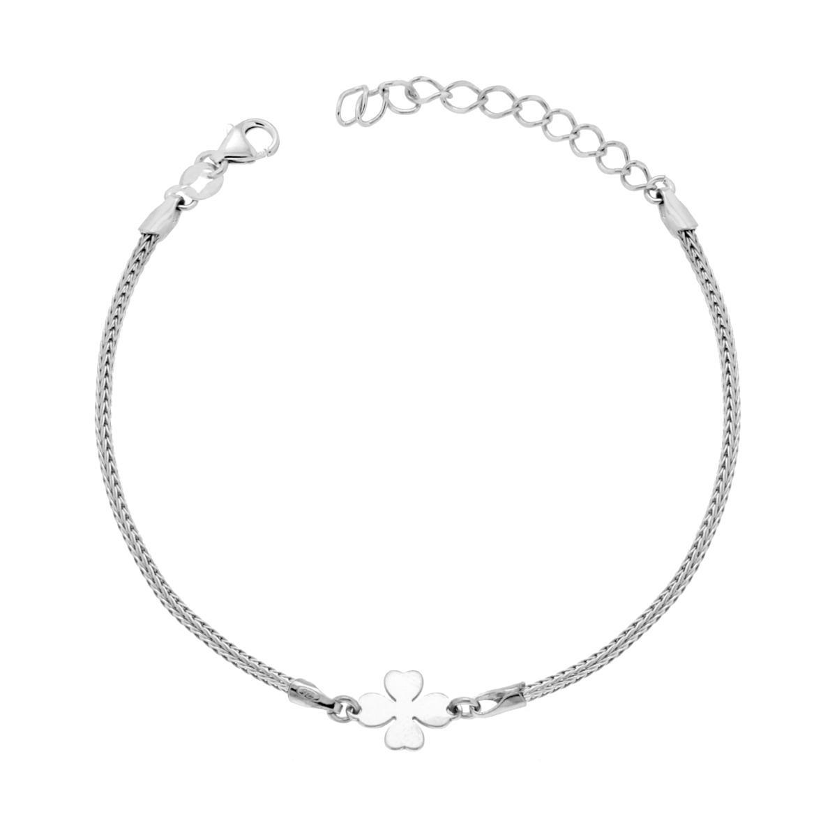 Bracciale Catena Calza con Quadrifoglio plain in ARGENTO 925 Galvanica Rodio
