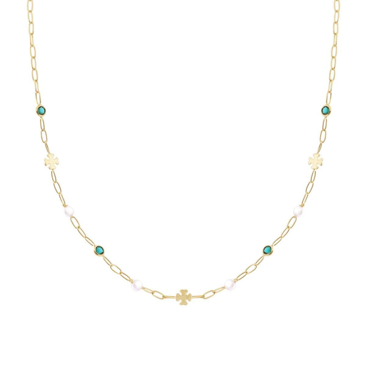 Collana Catena Forzatina Diamantata con Tondi Verde Smeraldo Cubic Zirconia Quadrifogli plain e Perle in ARGENTO 925 Galvanica Oro