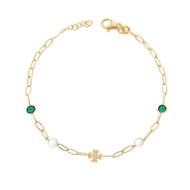 Bracciale Catena Forzatina Diamantata con Tondi Verde Cubic Zirconia Verde Smeraldo Quadrifogli plain e Perle in ARGENTO 925 Galvanica Oro