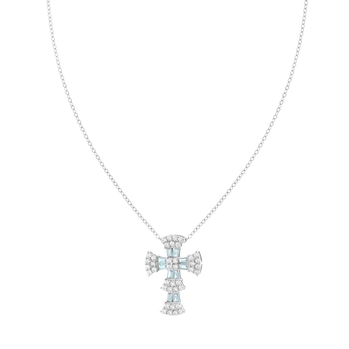 Collana Catena Forzatina Diamantata Croce con Cubic Zirconia Trapezio Acquamarina e Cubic Zirconia Bianchi in ARGENTO 925 Galvanica Rodio