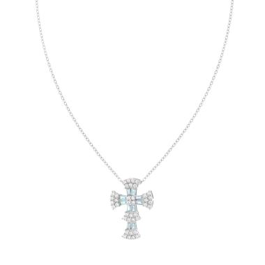 Collana Catena Forzatina Diamantata Croce con Cubic Zirconia Trapezio Acquamarina e Cubic Zirconia Bianchi in ARGENTO 925 Galvanica Rodio