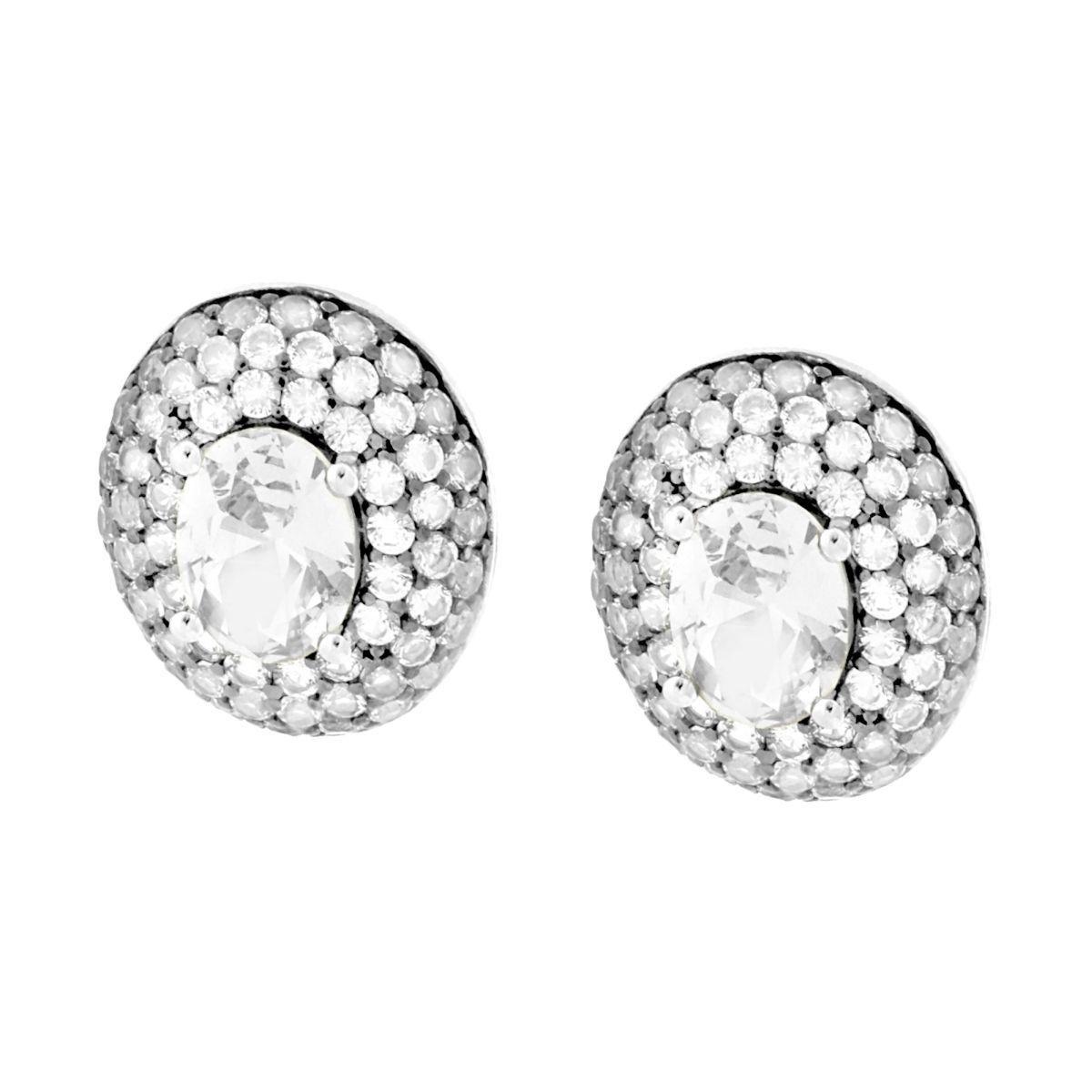 Orecchini Punto Luce Bottone Ovale con Cubic Zirconia Bianco in ARGENTO 925 Galvanica Rodio