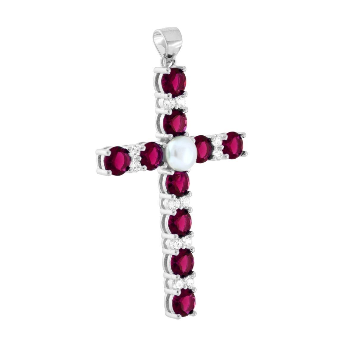 Ciondolo Croce con Cubic Zirconia Rosso Rubino Bianchi e Perla in ARGENTO 925 Galvanica Rodio