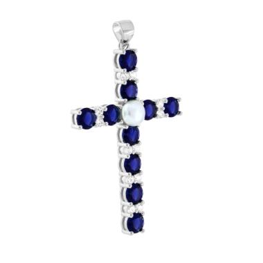 Ciondolo Croce con Cubic Zirconia Blu Zaffiro Bianchi e Perla in ARGENTO 925 Galvanica Rodio