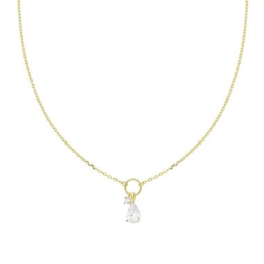 Collana Catena Forzatina Diamantata con Goccia e Punto Luce in Cubic Zirconia Bianchi in ARGENTO 925 Galvanica Oro