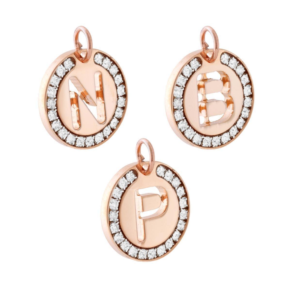 Ciondolo Tondo mm 20 con Lettera Iniziale Nome traforata e Crystal Bianchi in ACCIAIO colore Rosa