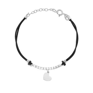 Bracciale Cordoncino Cotone Nero con centrale Tennis Cubic Zironia Bianchi e Cuore pendente in ARGENTO 925 Galvanica Rodio
