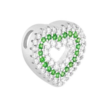 Ciondolo Cuore Passante Cubic Zirconia Verde Smeraldo contornato da Cubic Zirconia Bianchi in ARGENTO 925 Galvanica Rodio