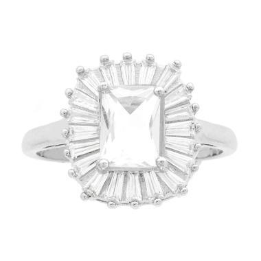 Anello Solitario Rettangolare Cubic Zirconia Bianco contornato da Cubic Zirconia Trapezio Bianchi in ARGENTO 925 Galvanica Rodio