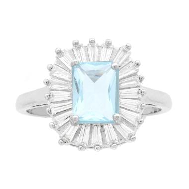 Anello Solitario Rettangolare Cubic Zirconia Acquamarina contornato da Cubic Zirconia Trapezio Bianchi in ARGENTO 925 Galvanica Rodio