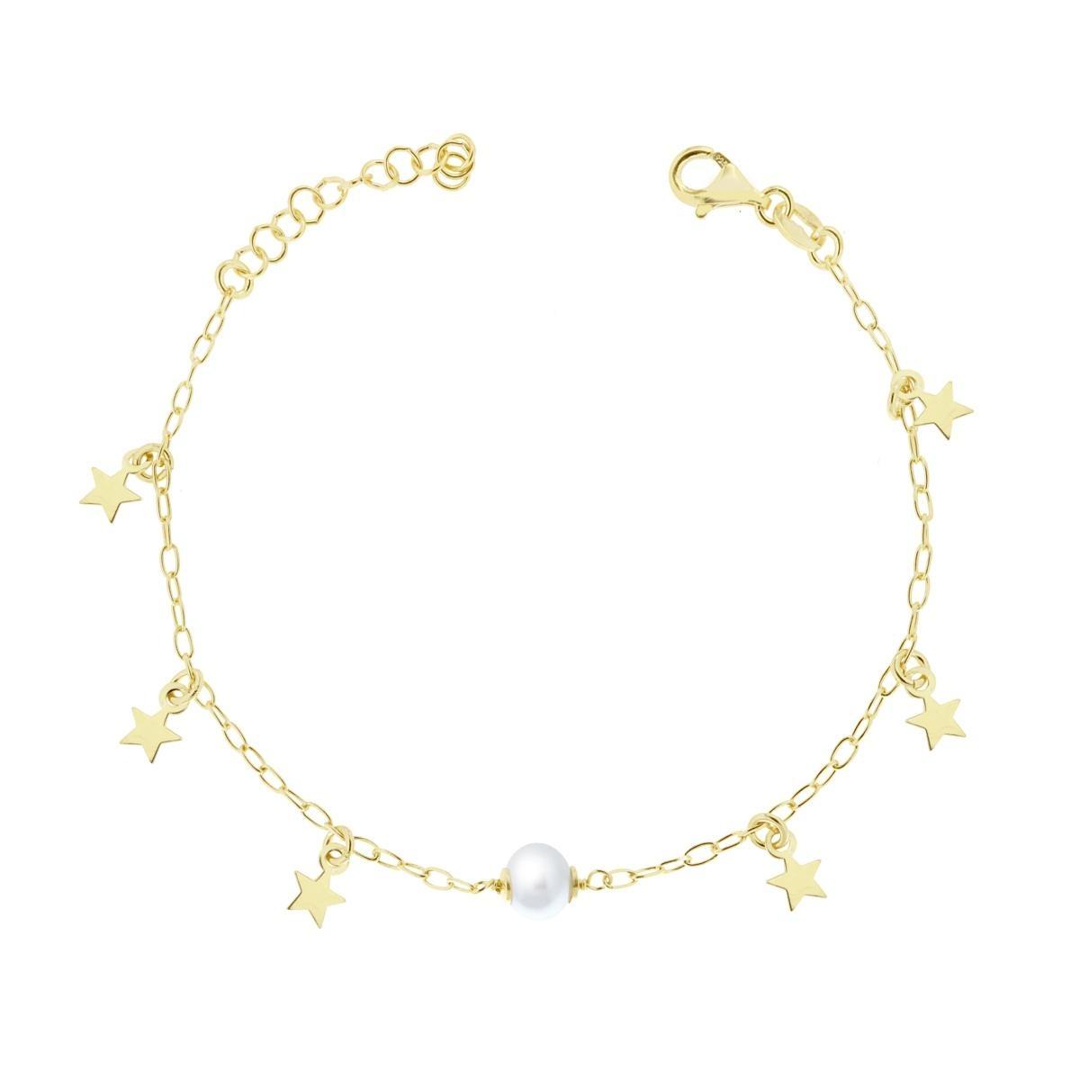Bracciale Catena Forzatina con Perla e Stella plain pendenti in ARGENTO 925 Galvanica Oro