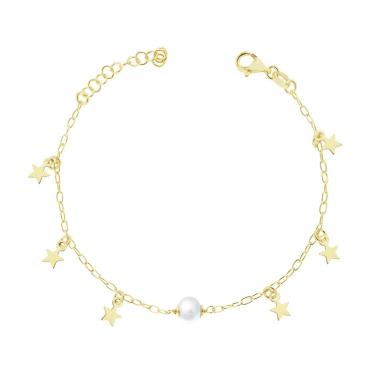 Bracciale Catena Forzatina con Perla e Stella plain pendenti in ARGENTO 925 Galvanica Oro