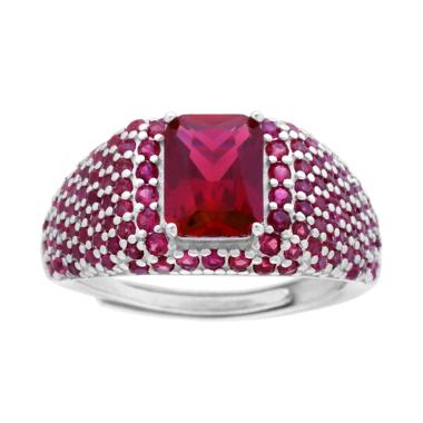 Anello Chevalier Sigillo Rettangolo Cubic Zirconia Rosso Rubino in ARGENTO 925 Galvanica Rodio