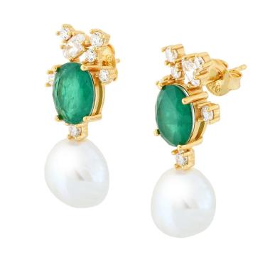 Orecchini con Pietra Naturale Ovale Verde Smeraldo e Perla Scaramazza pendente in ARGENTO 925 Galvanica Oro