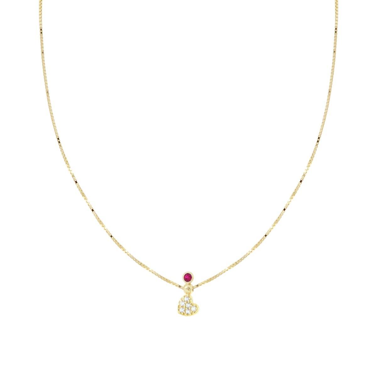 Collana Catena Veneziana Diamantata con Cuore Cubic Zirconia Bianchi e Punto Luce Rosso Rubino in ARGENTO 925 Galvanica Oro