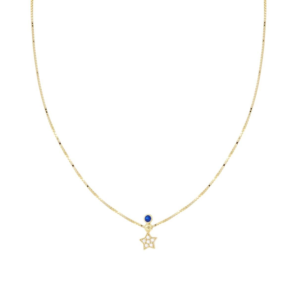 Collana Catena Veneziana Diamantata con Stella Cubic Zirconia Bianchi e Punto Luce Blu Zaffiro in ARGENTO 925 Galvanica Oro