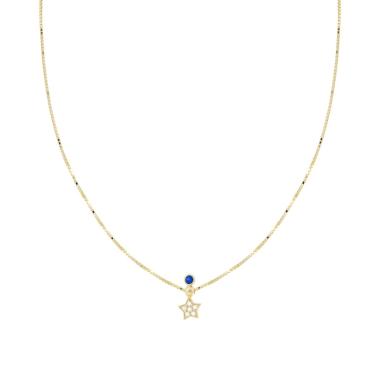 Collana Catena Veneziana Diamantata con Stella Cubic Zirconia Bianchi e Punto Luce Blu Zaffiro in ARGENTO 925 Galvanica Oro