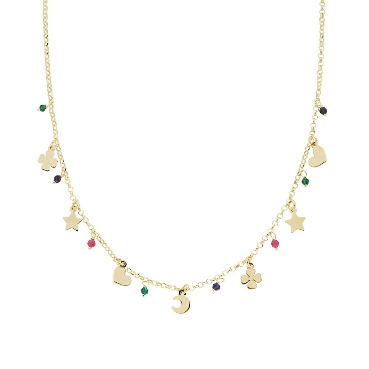 Collana Catena Rolo Diamantata con Soggetti portafortuna plain e Crystal Multicolor pendenti in ARGENTO 925 Galvanica Oro