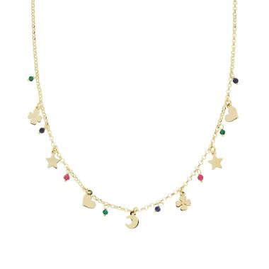 Collana Catena Rolo Diamantata con Soggetti portafortuna plain e Crystal Multicolor pendenti in ARGENTO 925 Galvanica Oro