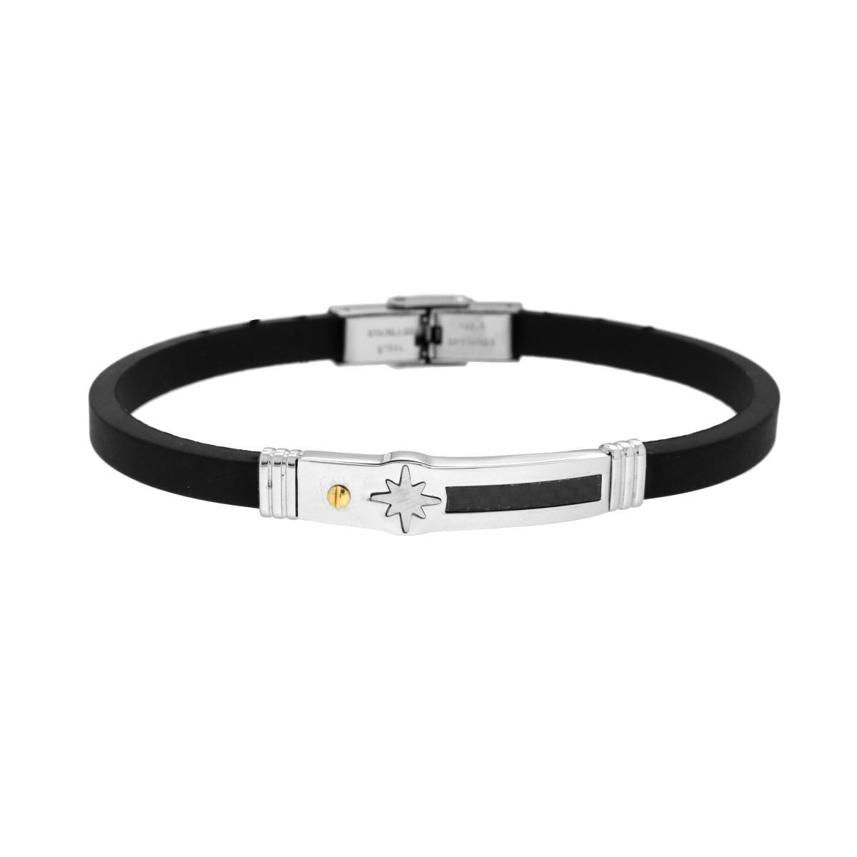 Bracciale in PVC Caucciu Nero con Rosa dei Venti e Accessori in ACCIAIO