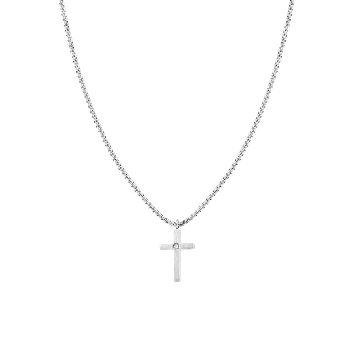 Collana Catena Veneziana Tonda con Croce e Crystal Bianco in ACCIAIO
