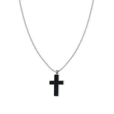 Collana Catena Veneziana Tonda con Croce effetto Fibra di Carbonio in ACCIAIO