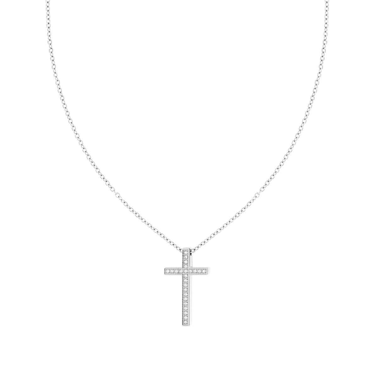 Collana Catena Forzatina Diamantata con Croce e Crystal Bianchi in ACCIAIO