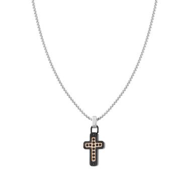 Collana Catena Veneziana Tonda con Croce Nero Rosa e Crystal Nero in ACCIAIO