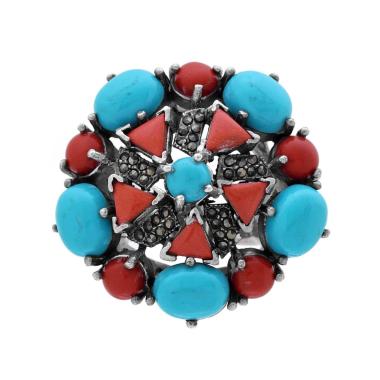 Anello Etnico Thailandese con Pietre Naturali Turchese e Corallo in ARGENTO 925