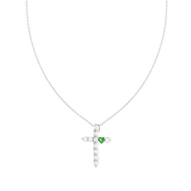 Collana catena Forzatina Diamantata con Croce Cubic Zirconia Bianchi e Cuore Verde Smeraldo in ARGENTO 925 Galvanica Rodio