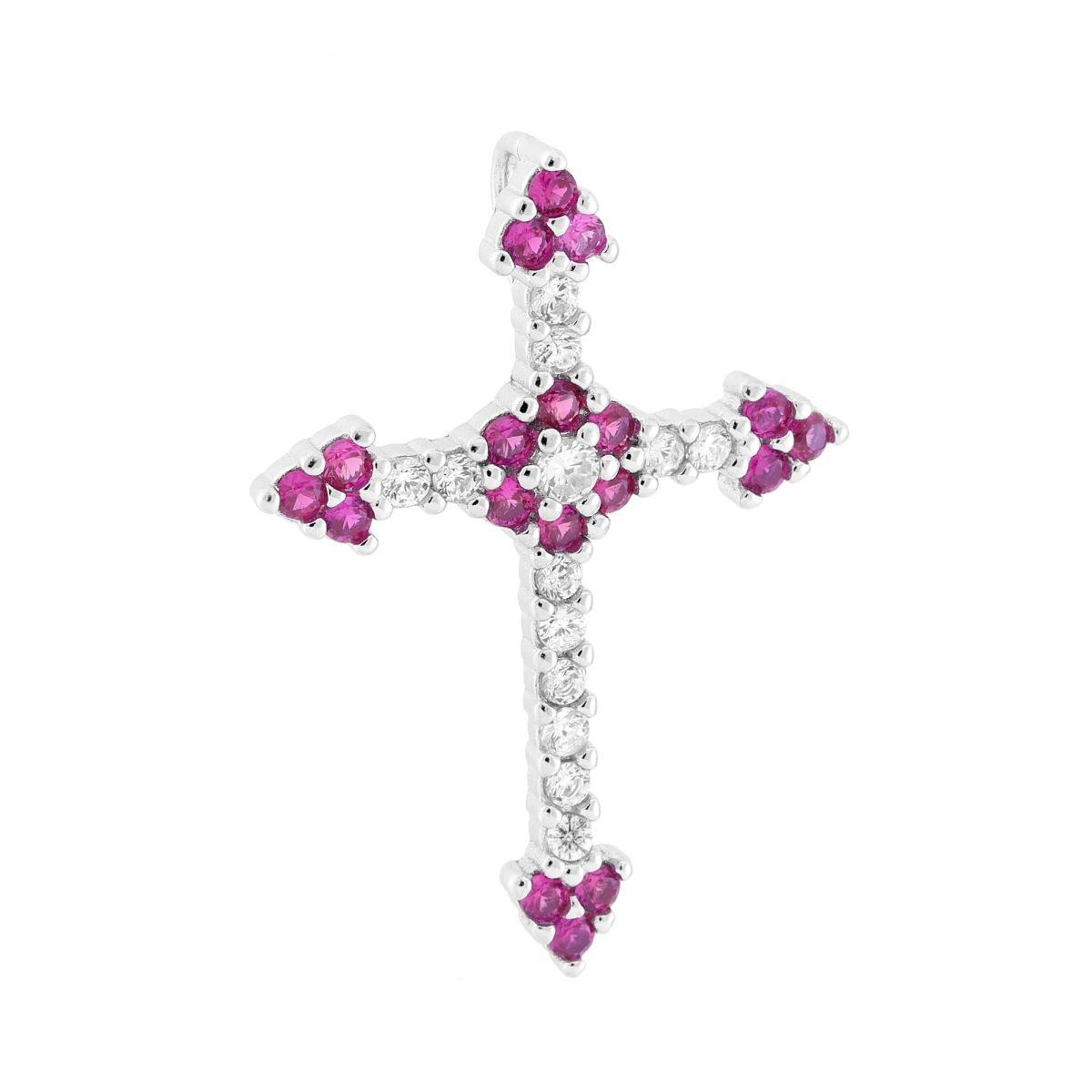 Ciondolo Croce Romana con Cubic Zirconia Rosso Rubino e Bianchi in ARGENTO 925 Galvanica Rodio