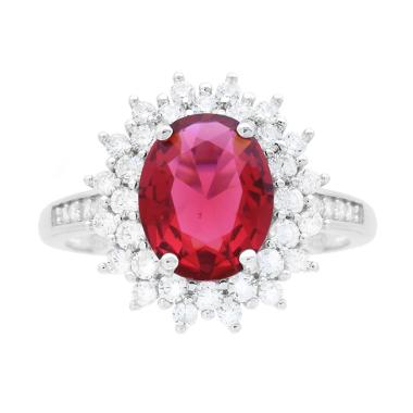 Anello Halo Solitario con Zircone Ovale Rosso Rubino contornato da Zirconi Bianchi in ARGENTO 925 Galvanica Rodio