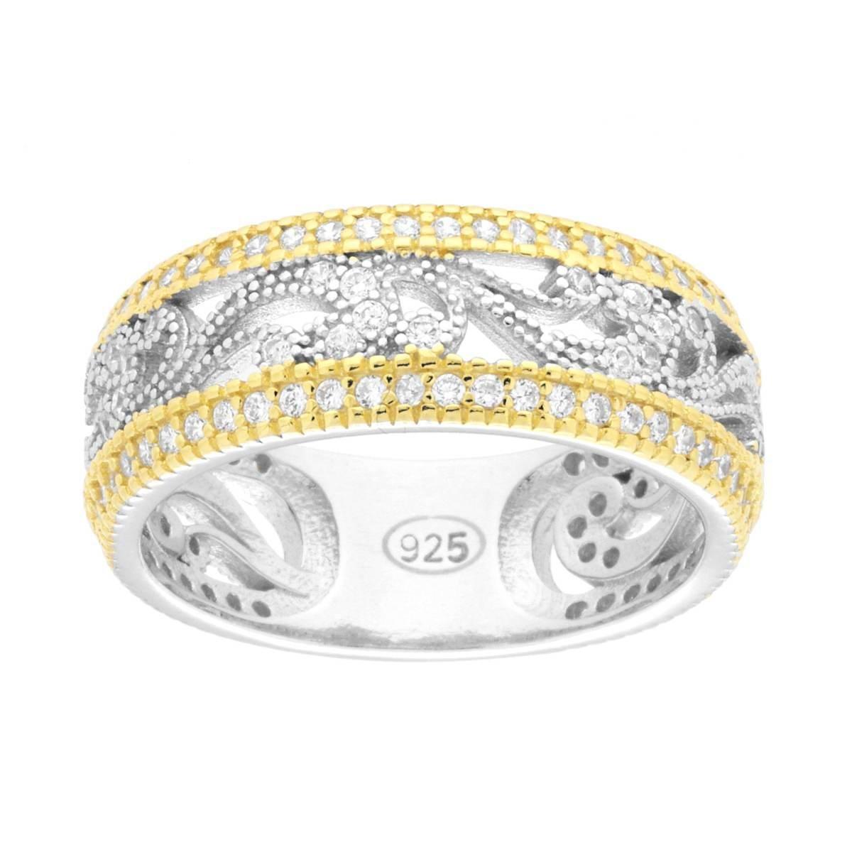 Anello Fascia con motivo ornamentale Cubic Zirconia Bianchi in ARGENTO 925 Galvanica Rodio e Oro