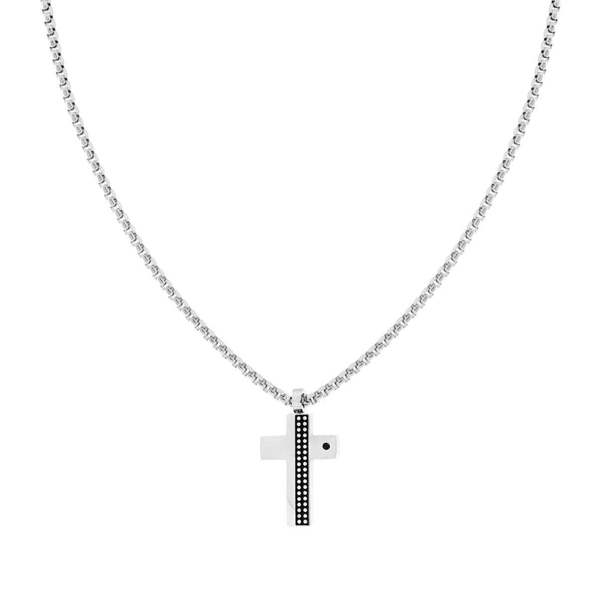 Collana Catena Veneziana Tonda con Croce con Crystal Nero e Decoro Pallinato in ACCIAIO