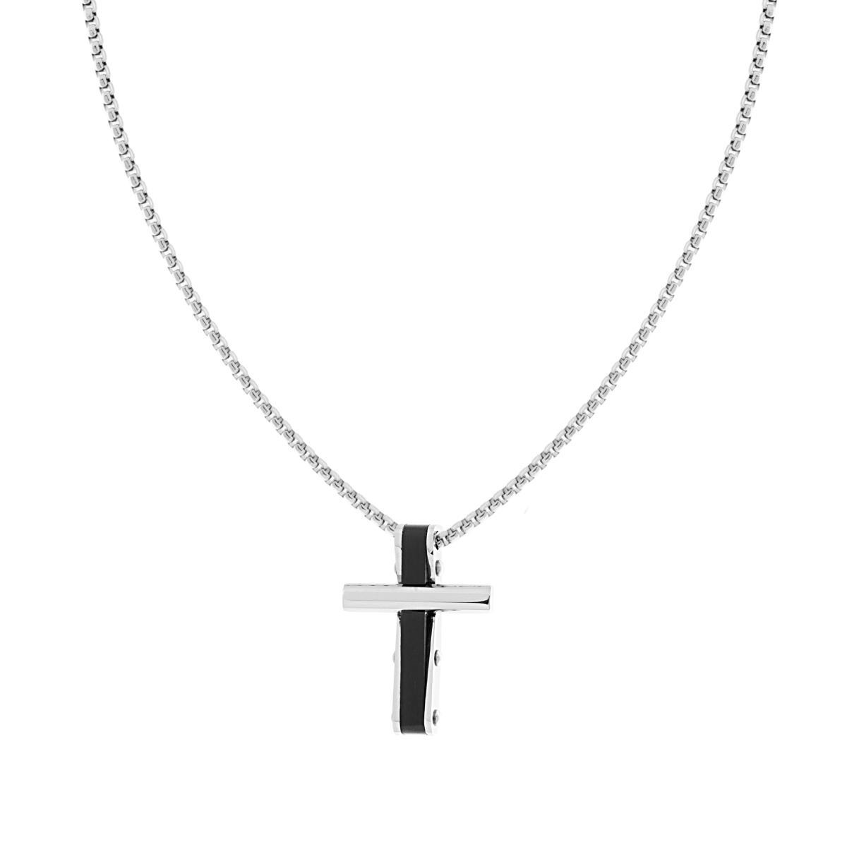 Collana Catena Veneziana Tonda con Croce Nero in ACCIAIO