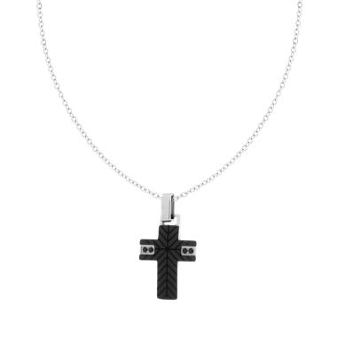 Collana Catena Forzatina Diamantata con Croce con Ceramica e Crystal Neri in ACCIAIO