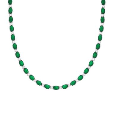 Collana Tennis Ovali Verde Smeraldo e Cubic Zirconia Bianchi in ARGENTO 925 Galvanica Rodio