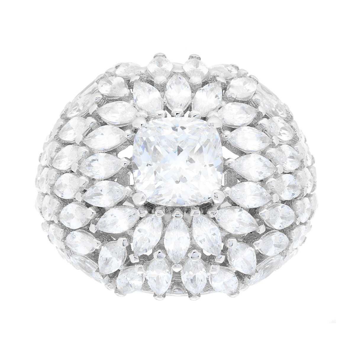 Anello Solitario modello Fascione con Cubic Zirconia Bianchi taglio Cushion e Marquise in ARGENTO 925 Galvanica Rodio