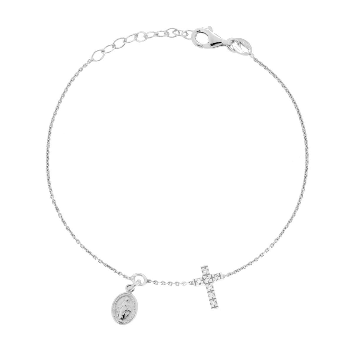 Bracciale Catena Forzatina Diamantata con Madonna Miracolosa e Croce Cubic Zirconia Bianchi in ARGENTO 925 Galvanica Rodio