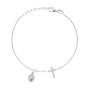 Bracciale Catena Forzatina Diamantata con Madonna Miracolosa e Croce Cubic Zirconia Bianchi in ARGENTO 925 Galvanica Rodio