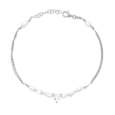 Bracciale due fili catena Forzatina Diamantata con Perle e Cuore Cubic Zirconia Bianco in ARGENTO 925 Galvanica Rodio